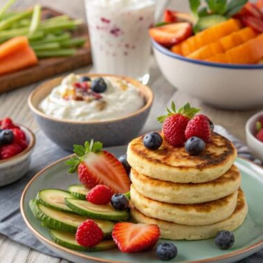 A spread of cottage cheese recipes, including pancakes, veggie dip, and a parfait, beautifully presented on a wooden table.
