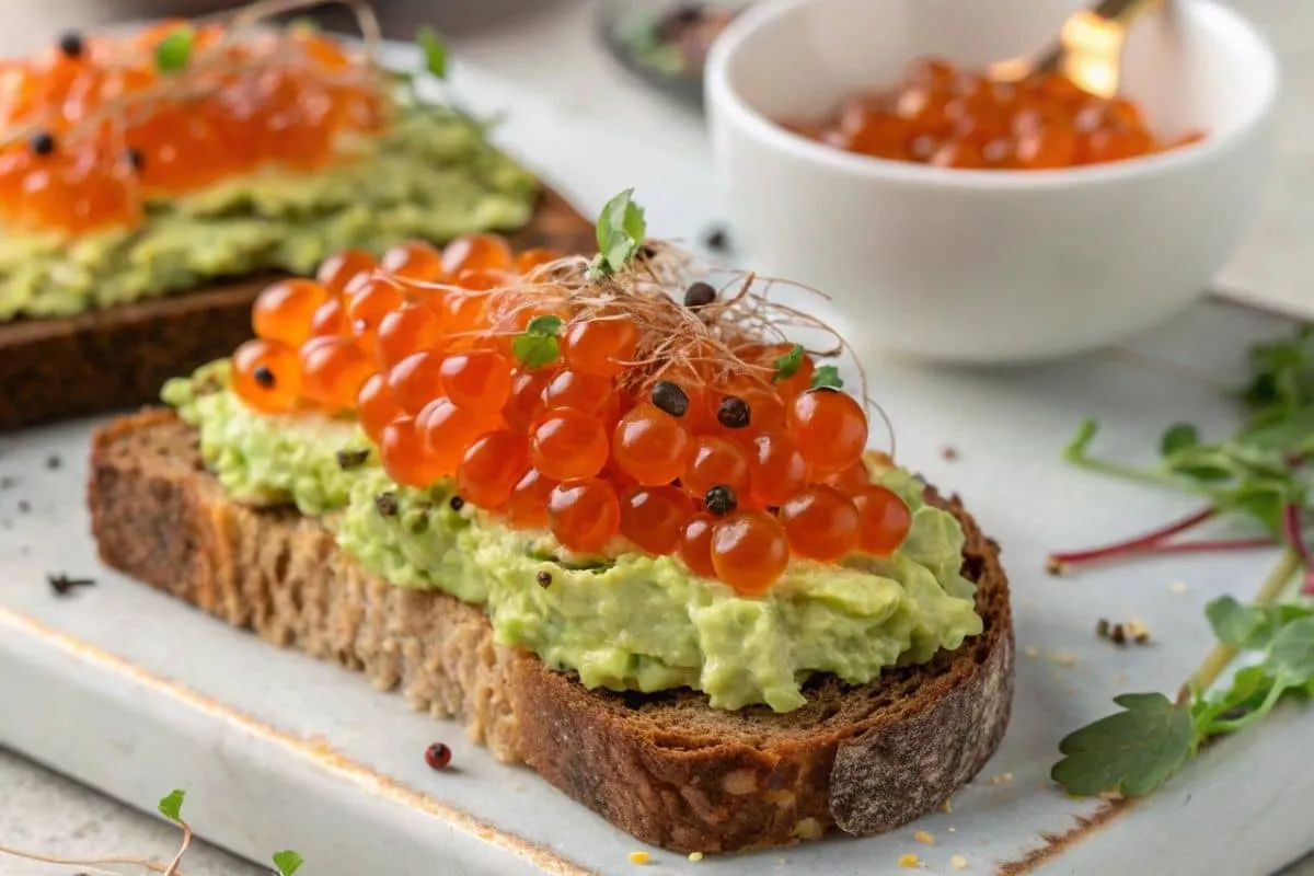 Avocado toast with salmon roe on a white plate