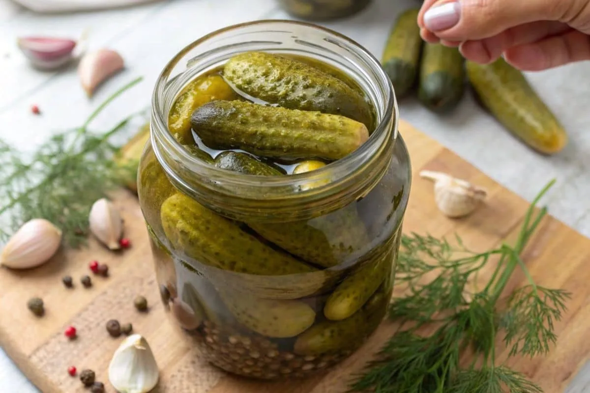A jar of pickled baby cucumbers surrounded by garlic, dill, and mustard seeds.