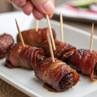 Sweet and savory beef bacon-wrapped dates served on a white plate, each secured with a toothpick