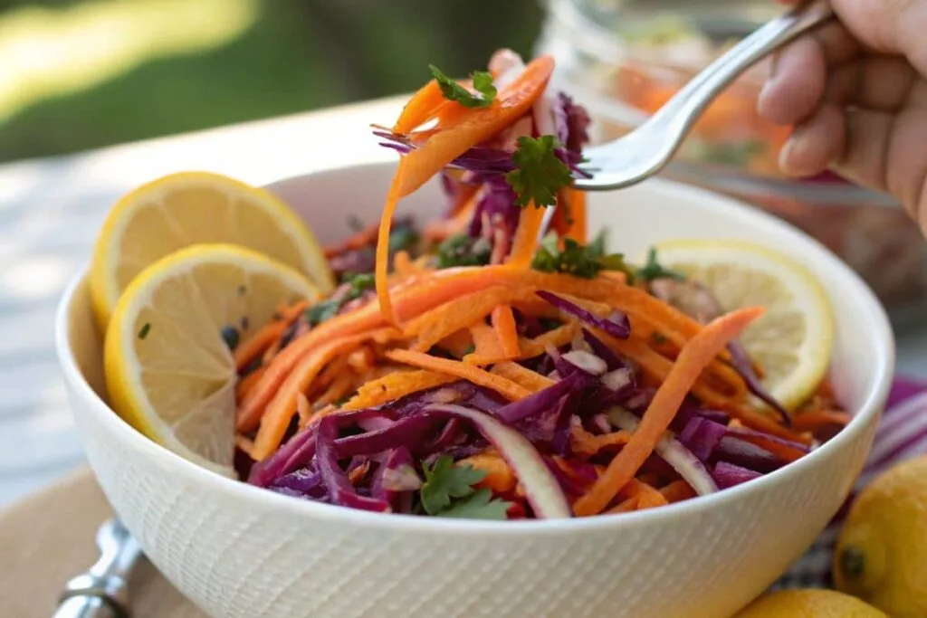 A close-up image of a colorful raw sweet potato salad garnished with lemon wedges.