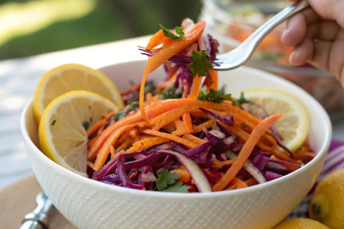 A close-up image of a colorful raw sweet potato salad garnished with lemon wedges.