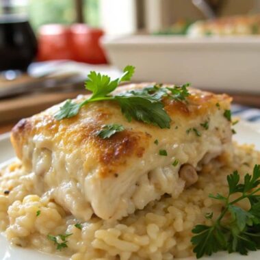 A close-up of chicken and rice casserole with golden-brown crust and creamy sauce, garnished with parsley.