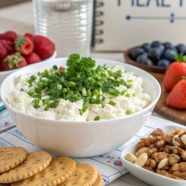 A bowl of plain cottage cheese with herbs, surrounded by fruits, nuts, crackers, and a meal plan notebook.
