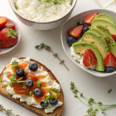 A healthy spread of cottage cheese served plain, with fruits, and on whole-grain toast with avocado.