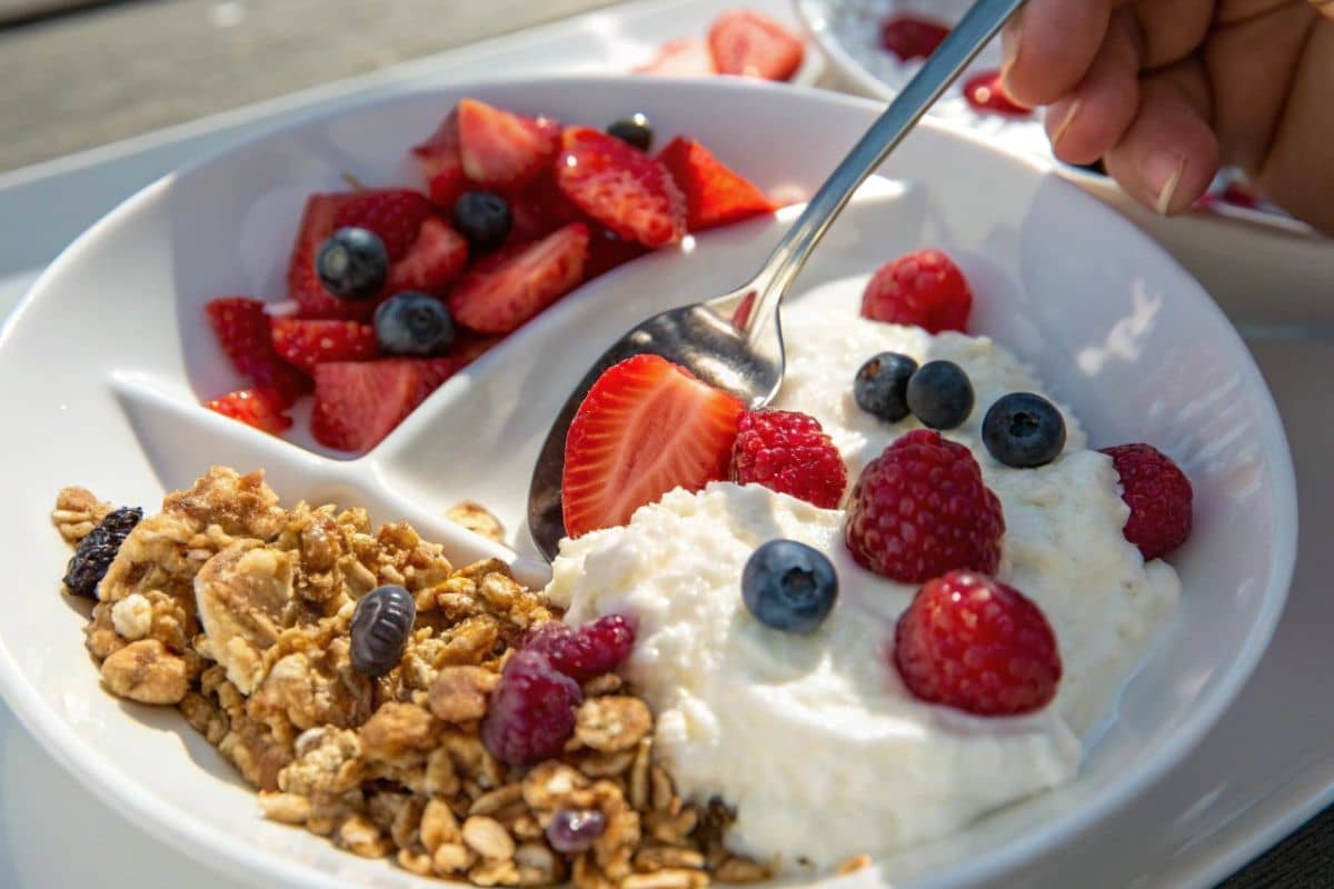 A side-by-side comparison of cottage cheese with fruits and Greek yogurt parfait, highlighting their textures and toppings.