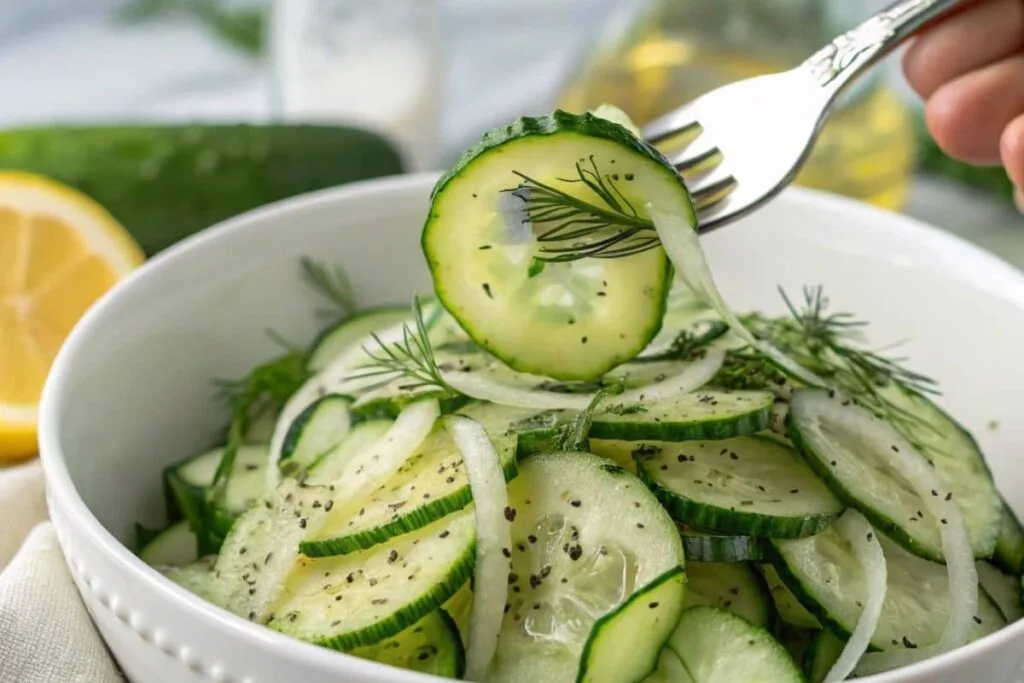 A bowl of fresh cucumber salad with Persian cucumbers, olive oil, lemon juice, and dill.