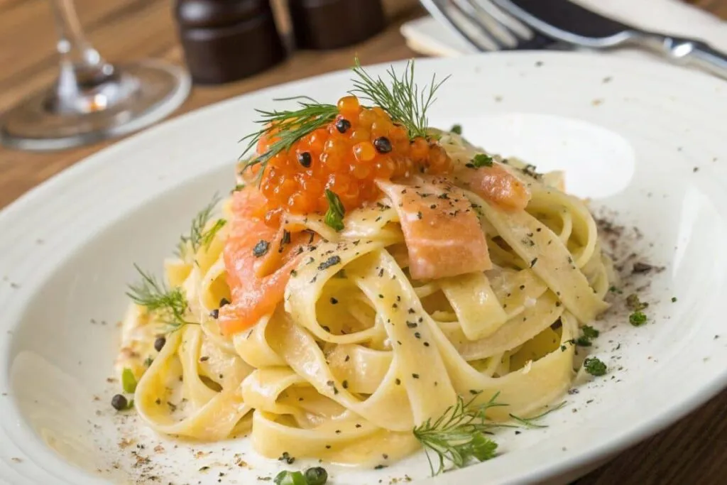 Gourmet pasta topped with salmon roe and herbs