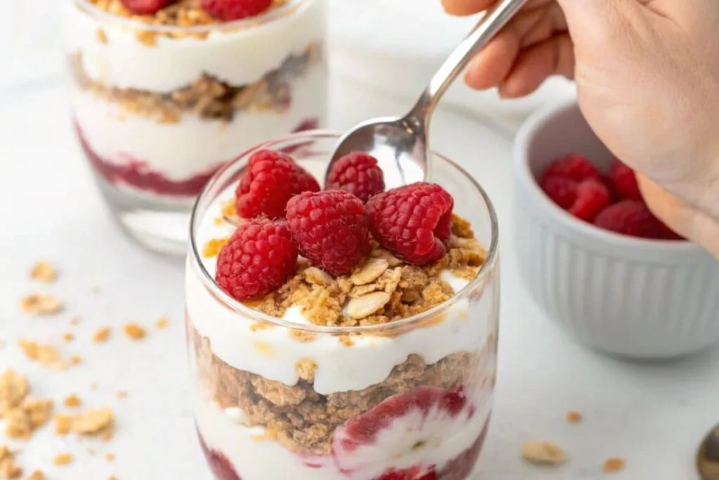 A Greek yogurt parfait layered with granola and raspberries, with a hand holding a spoon dipping into it.
