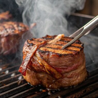 Bacon-wrapped beef filet on a grill with visible char marks and smoky bacon.