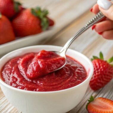 glossy strawberry puree in a white bowl