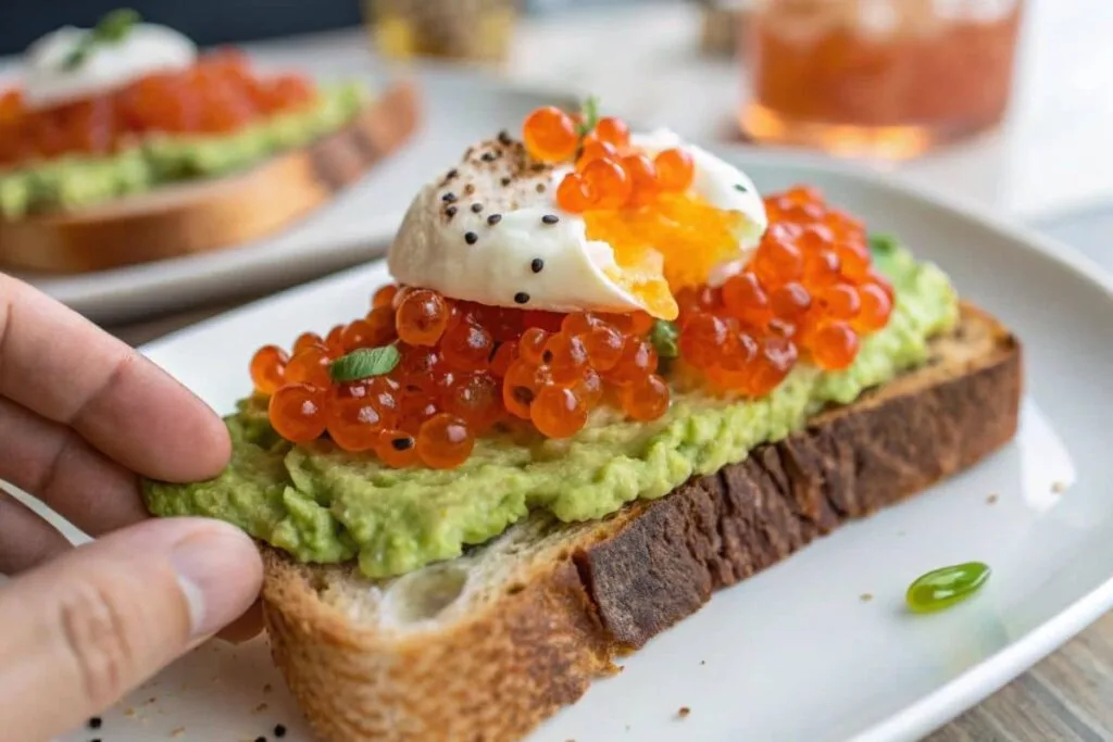 A slice of buttered toast topped with Ikura salmon roe, avocado, and a poached egg, served on a white plate with a hand holding the toast