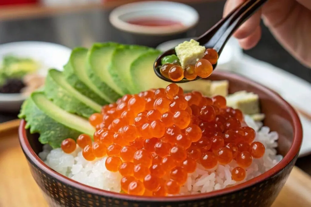 A spoon with Ikura salmon roe, served over a bowl of warm rice, with fresh vegetables like avocado and cucumber