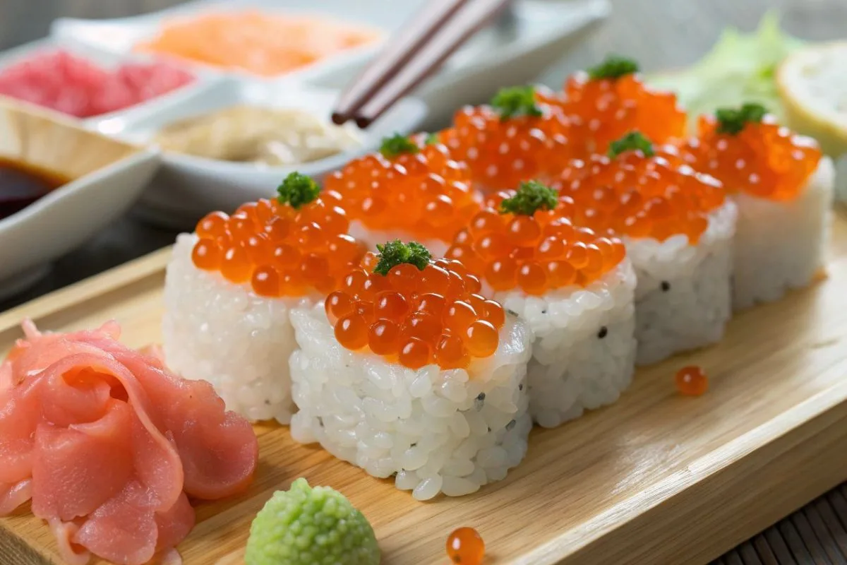 Close up of Ikura sushi with bright orange salmon roe on top, garnished with wasabi and pickled ginger