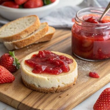 Strawberry puree in a bowl and strawberry jam in a jar side by side on a wooden board, with fresh strawberries around.