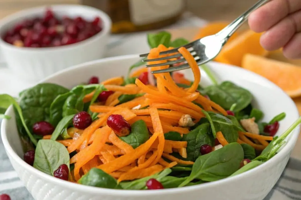 A close-up image of raw sweet potato salad with julienned sweet potatoes, baby spinach, cranberries, and citrus dressing, served in a white bowl.
