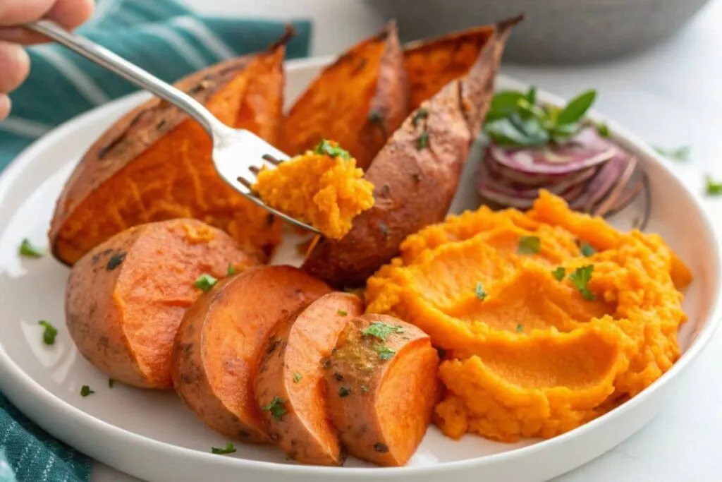  A variety of sweet potato dishes on a white plate 
