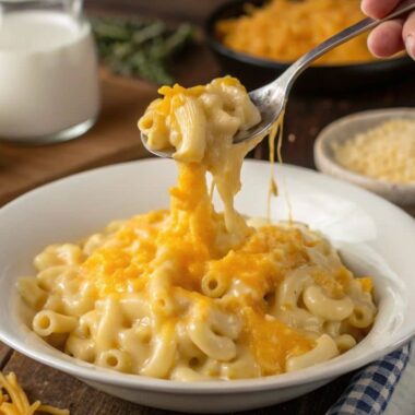 A serving of melted Gouda cheese being poured over creamy macaroni.