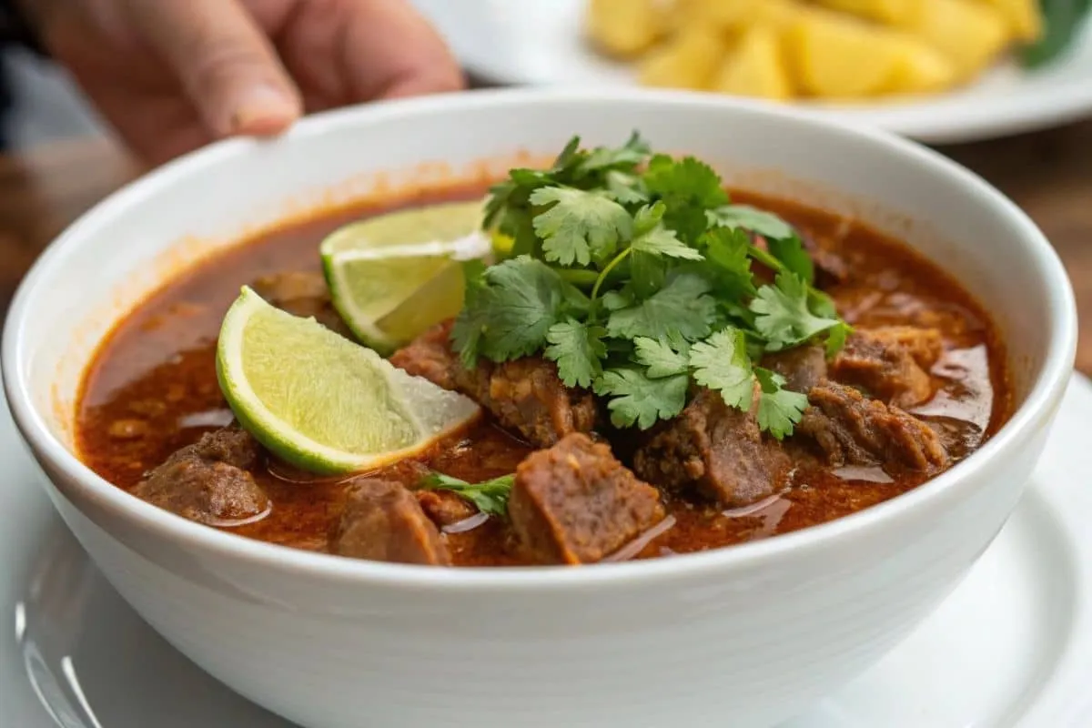 Close-up of a bowl of menudo with beef tripe, chili broth, and garnishes, held by hand