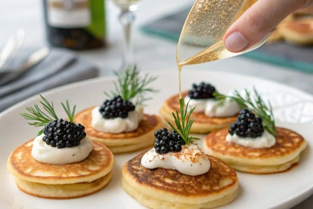 Mini blinis topped with crème fraîche, black caviar, and fresh dill, served on a white plate with champagne in the background.
