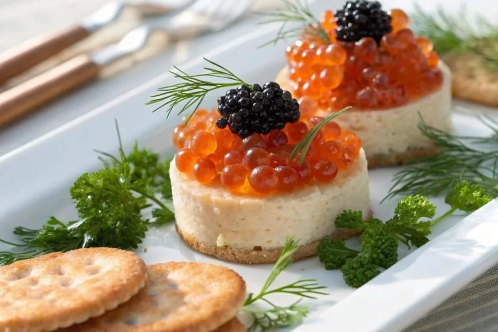 A white plate featuring salmon roe and caviar with crackers and a hand holding a cracker topped with caviar.