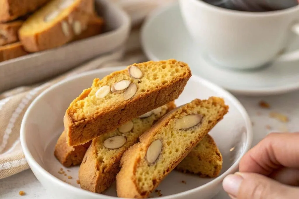  A close-up image of golden almond biscotti with a hand holding one slice.