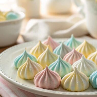 Glossy aquafaba meringue cookies being picked up by a hand.