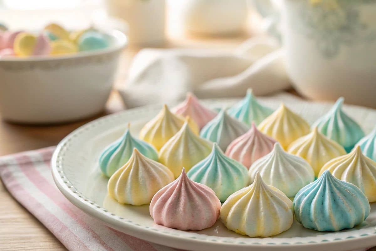 Glossy aquafaba meringue cookies being picked up by a hand.