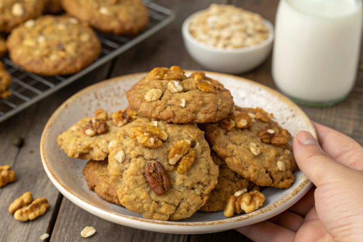 A close-up image of oatmeal cookies with walnuts and sunflower seeds, held in hand