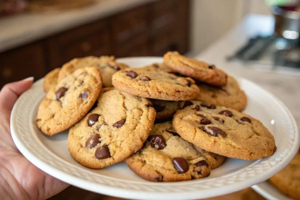 A close-up image of classic crunchy chocolate chip cookies with a hand holding one.