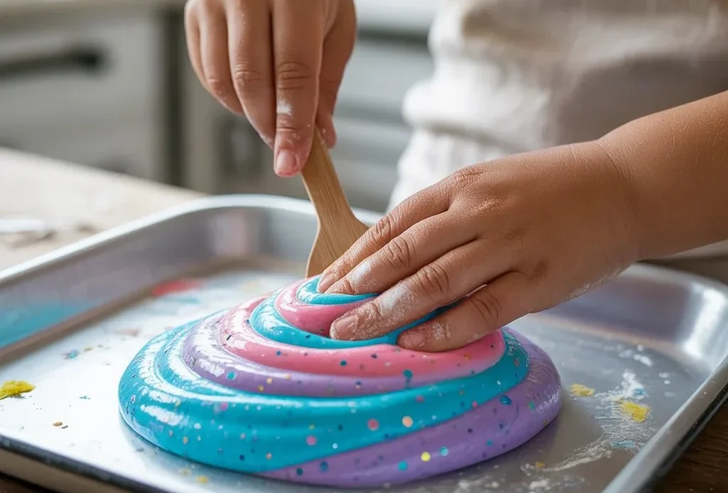 Cornstarch and Dish Soap Bubble Dough recipe ingredients and mixing process.