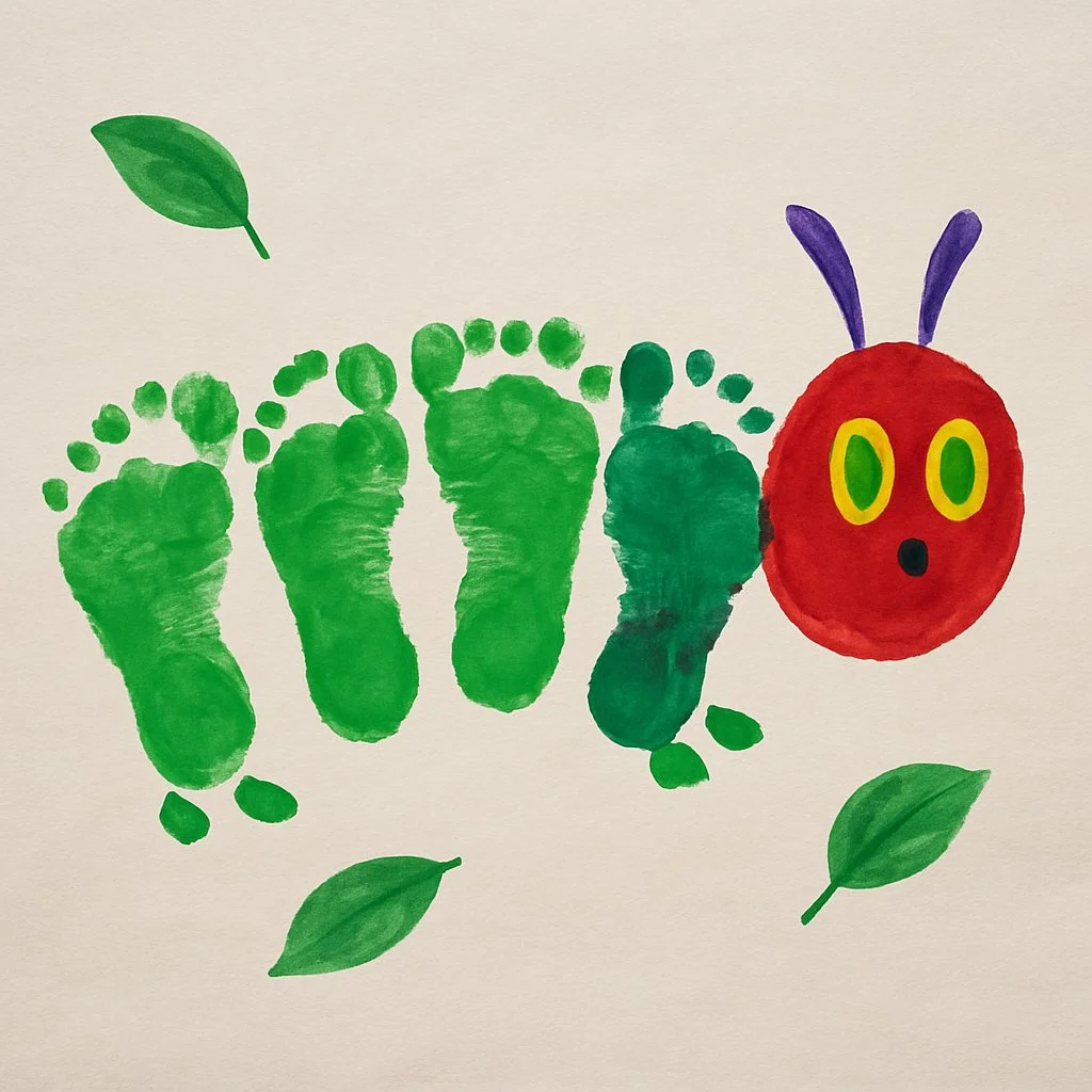 Very Hungry Caterpillar footprint art featuring colorful prints and designs.