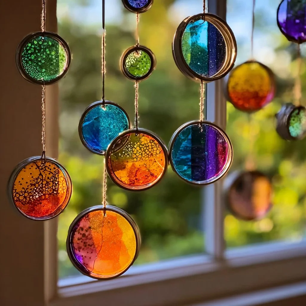 Colorful DIY sun catchers displayed in sunlight, showcasing vibrant designs.