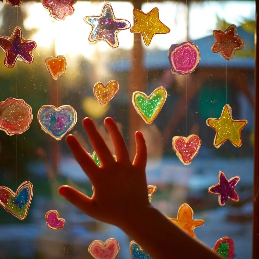 Colorful DIY window clings displayed on a sunny window