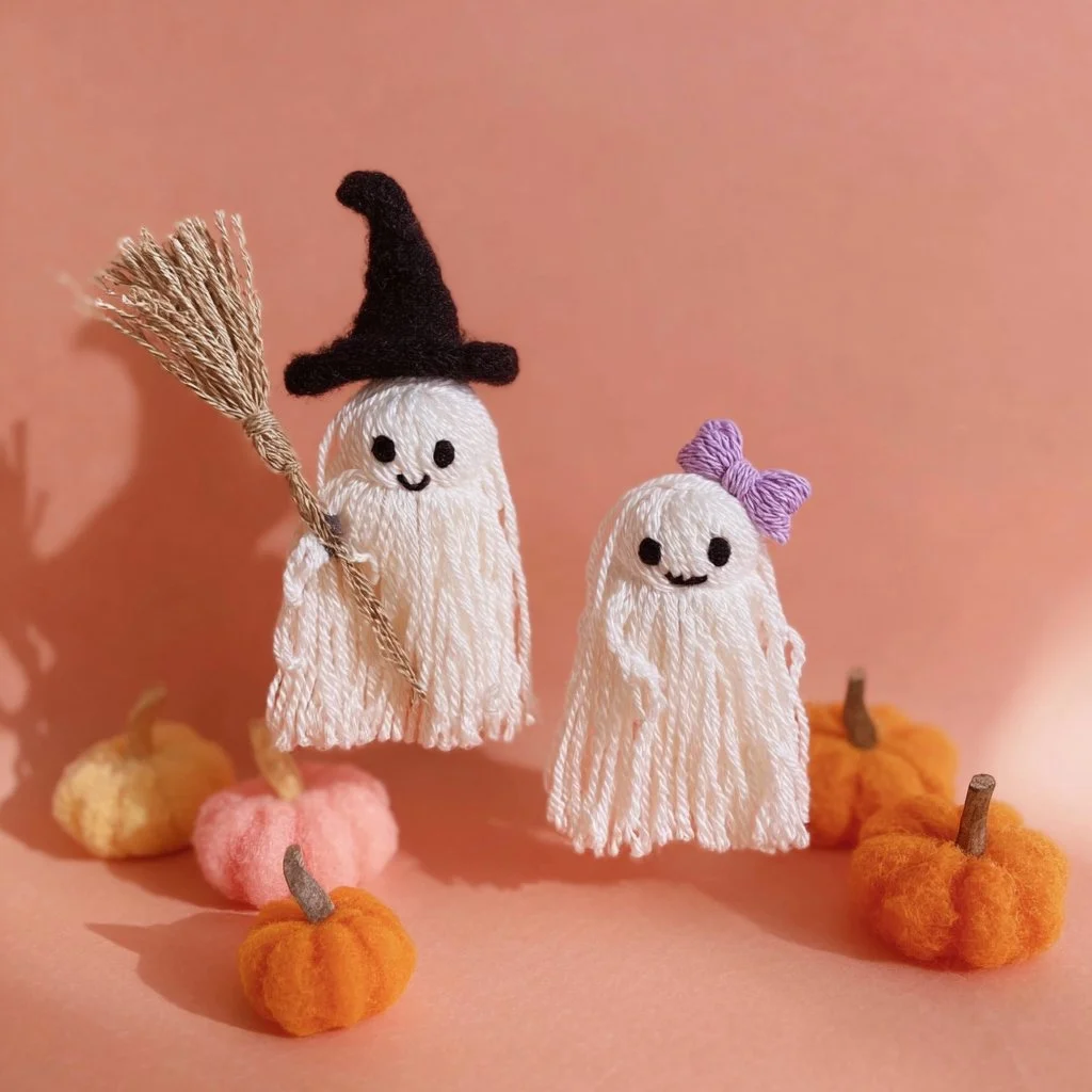 Crafted wool ghosts in a Halloween setting for festive decorations
