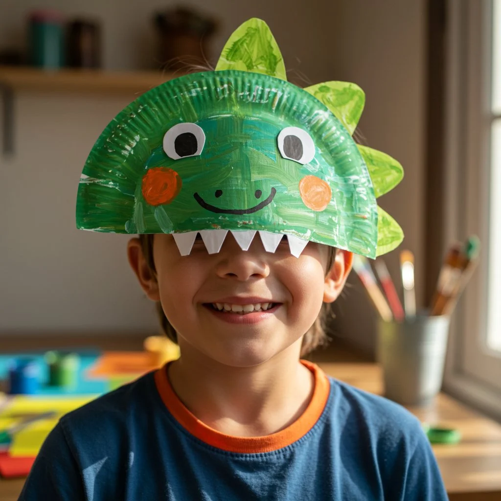 DIY paper plate dinosaur mask for kids' craft activities