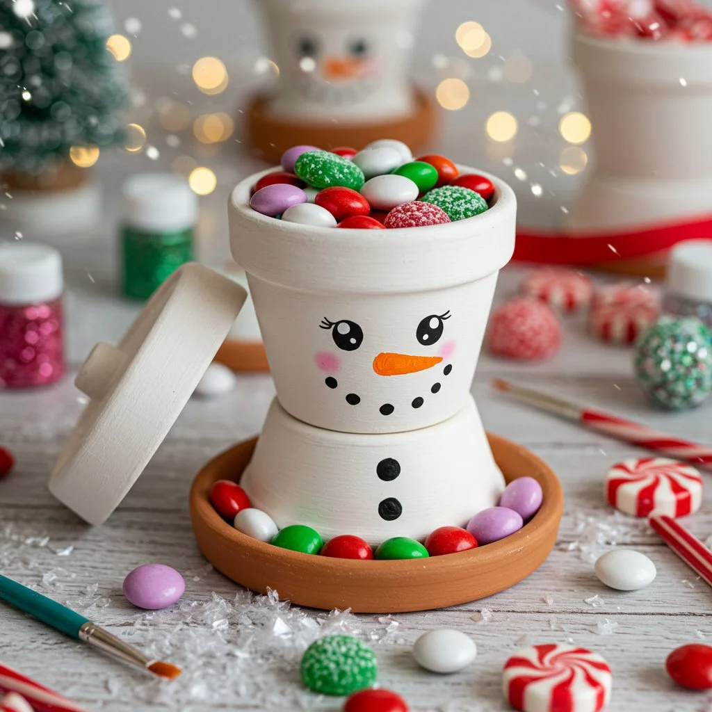 DIY Snowman Candy Dish made from clay pots decorated for winter festivities