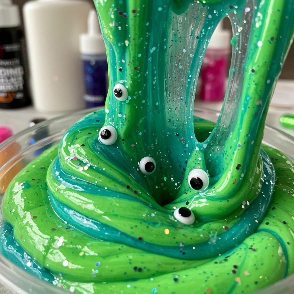 A bowl of colorful monster slime with googly eyes and hands for kids' fun.