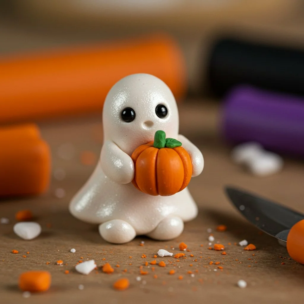 Handmade Polymer Clay pumpkin and ghost figurines for Halloween decorations.